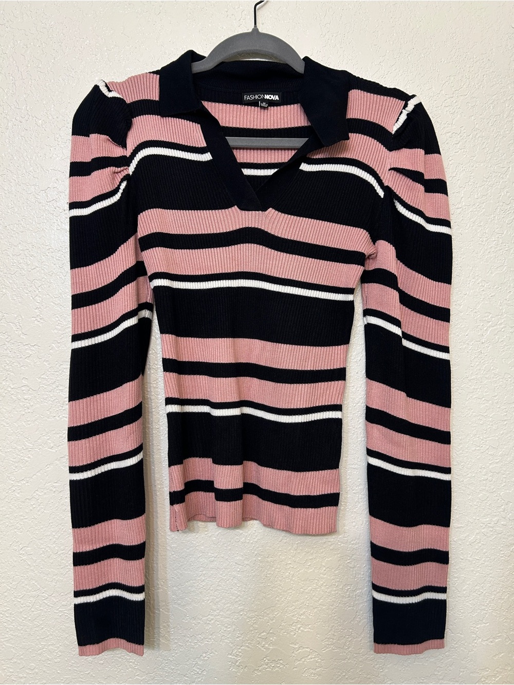 Black, Pink & White Striped, Puff Sleeve Sweater